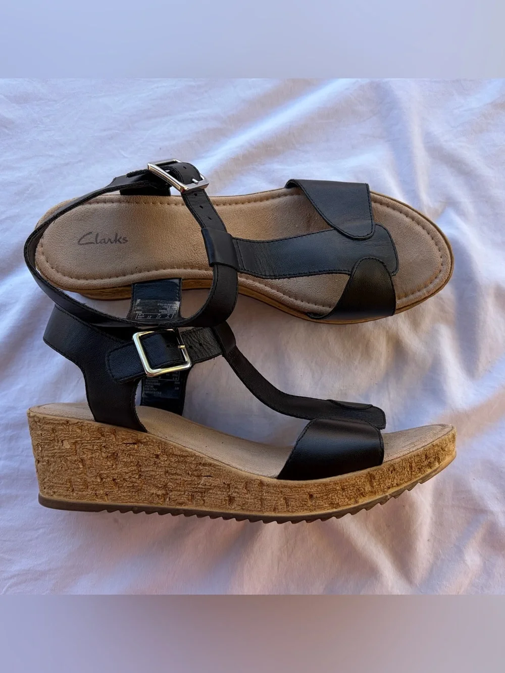 Clarks Black Womens Leather Cork-Style Wedge Sandals Sz 9.5